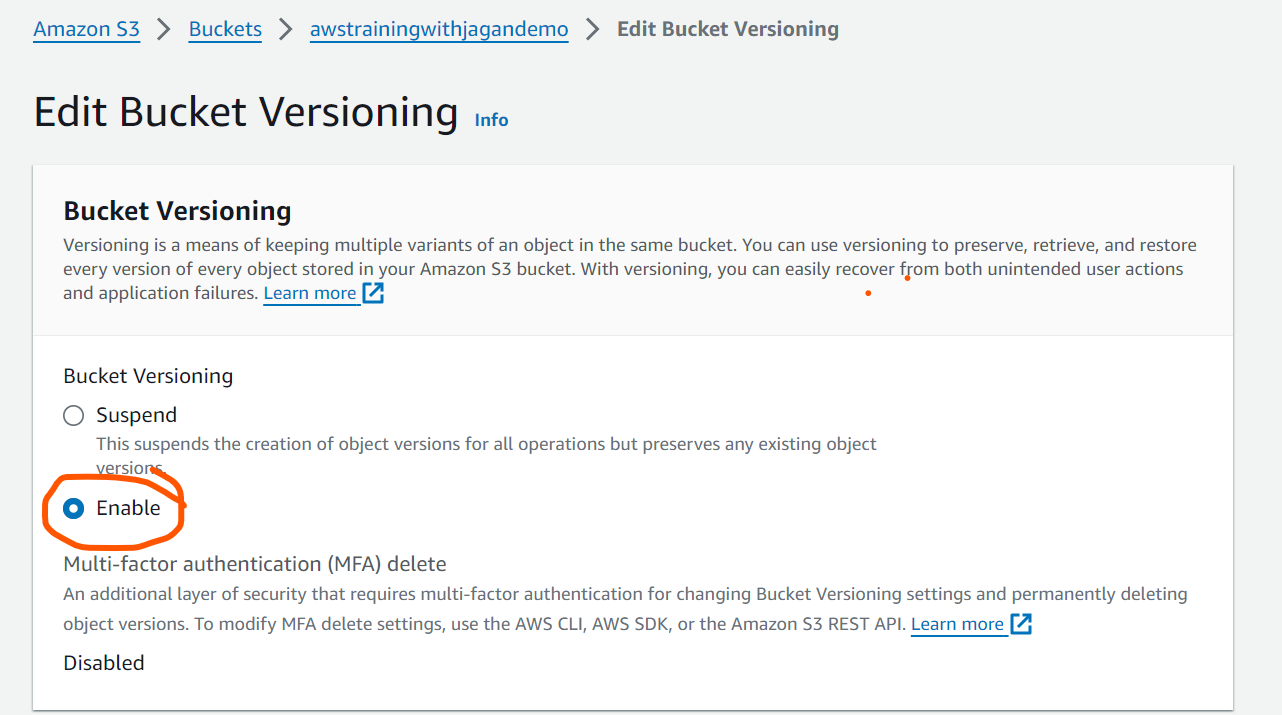 aws s3 bucket enable properties